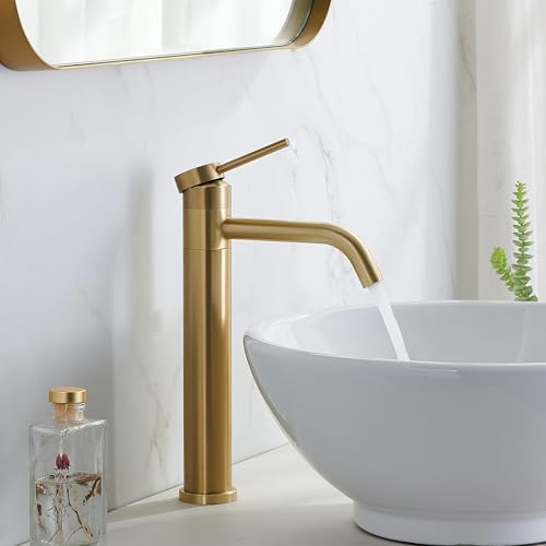 Hotis Gold Vessel Sink Faucet, 360 Swivel Brushed Gold Vessel Faucet, Single Handle Tall Body Farmhouse Vessel Faucet, Bathroom Faucets for Sink 1 Holewith Pop Up Drain, HT-BF100 by HOTIS HOME - Used condition - Image 2