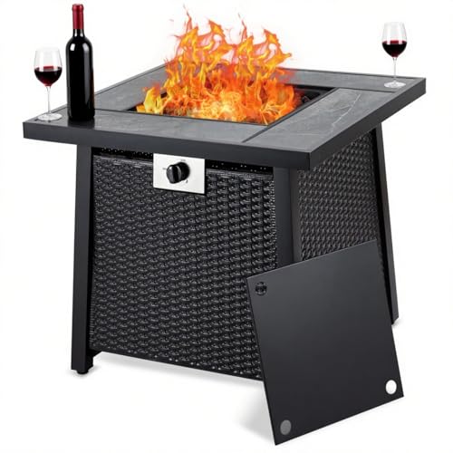 28 Inch Propane Fire Pit Table, 50,000 BTU Steel Gas Fire Pit 2-in-1 Square Fire Table with Lid & Lava Rock, CSA Certified for Outside Patio, Parties, Backyard, Garden.