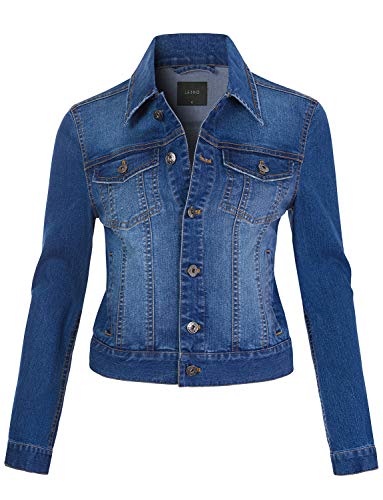 LE3NO Womens Classic Vintage Long Sleeve Button Down Denim Jean Jacket, MediumBlue, Small