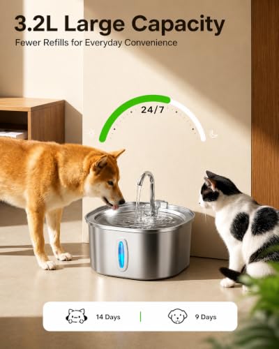 Image of Dog Water Fountain 3.2L, Stainless Steel Automatic Pet Water Fountain for Cats & Dogs, Water Dispenser with Water Level Window, Ultra Quiet, BPA-Free, Easy to Clean