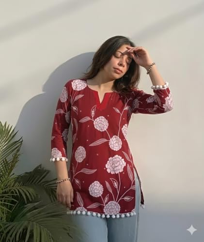 Image of SAICHA Women's Cotton Printed Short Kurti with Pom Pom, Red Floral Pattern