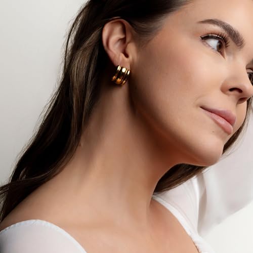 Gold Triple Band Statement Earrings – Lightweight Modern Fashion Jewelry for Women2