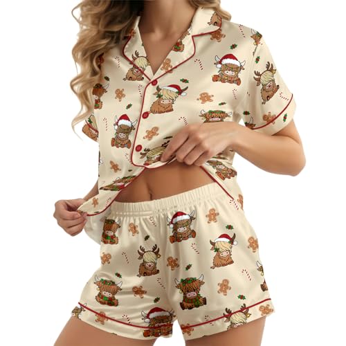 Image of HUNTFAMI Womens Soft Silky Satin Pajamas Set, 2 Pcs Sleep Short Pajamas for Mom and Grandma Button Down Summer Loungewear