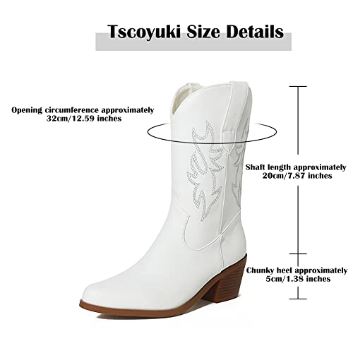 Tscoyuki Women's Embroidery White Cowboy Mid Calf Boots, Low Chunky Heel Cowgirl Wedding Western Ankle Booties With Pull-Up Tabs #TOP4