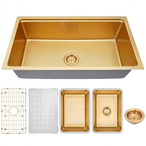 Image of 30 inch Gold Undermount Kitchen Sink,Single Bowl Modern Kitchen Sink,Stainless Steel Workstation Sinks (Gold, 30 X 18 inch)