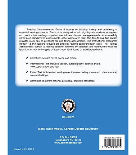 Mark Twain 8th Grade Reading Comprehension Workbook, Novels, Poems, Autobiographies, Paired Text, and More Literary Tips and Test Prep for Assessments , Classroom or Homeschool Curriculum