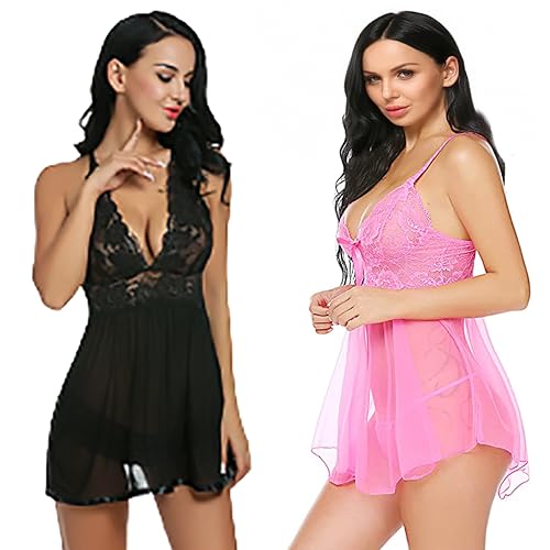 Image of Net Lace Women`s Babydoll Lingerie Dress for Honeymoon Night S-3XL