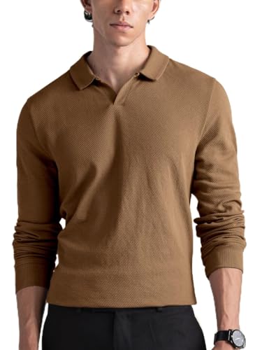 Image of DAMENSCH Statement Popcorn Johnny Collar Full Sleeve Polo with Premium Cotton Blend, Popcorn Texture, Colours by High-IQ Dyes Heavy Weight Fabric T-Shirt for Men