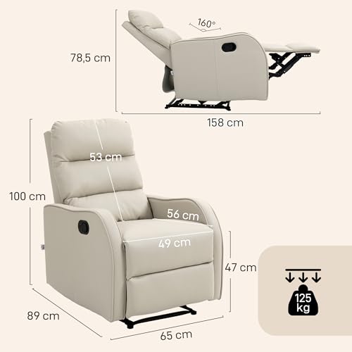 HOMCOM Sillón Relax Reclinable Manual, Sillón Relax Tapizado en PU con Reposapiés Retráctil, Acolchado Grueso, Butaca Reclinable hasta 160º, para Salón, Dormitorio, Crema, 65x89x100 cm - imagen 3