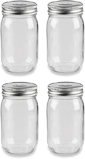 North Mountain Supply 16 Ounce Glass Regular Mouth Mason Canning Jars - With Silver Safety Button Lids - Case of 4
