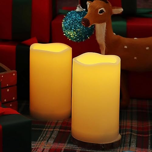Image of 2 Pack 5'' Outdoor Battery Operated Candles with Timer Flameless LED Flickering Candles Waterproof Electric Pillar Decorative Candle for Wedding Party Home Lantern Garden