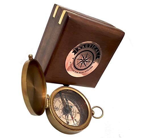 Brújula marina antigua de latón con caja de madera 2 pulgadas miniatura 6