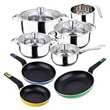 Set 12 piezas, Batería de cocina en acero inox(cazoØ16 + cacerolas Ø18Ø20Ø24 + lechera Ø14x12,5) + set de 3 sartenes (Ø18Ø22Ø26) en aluminio prensado