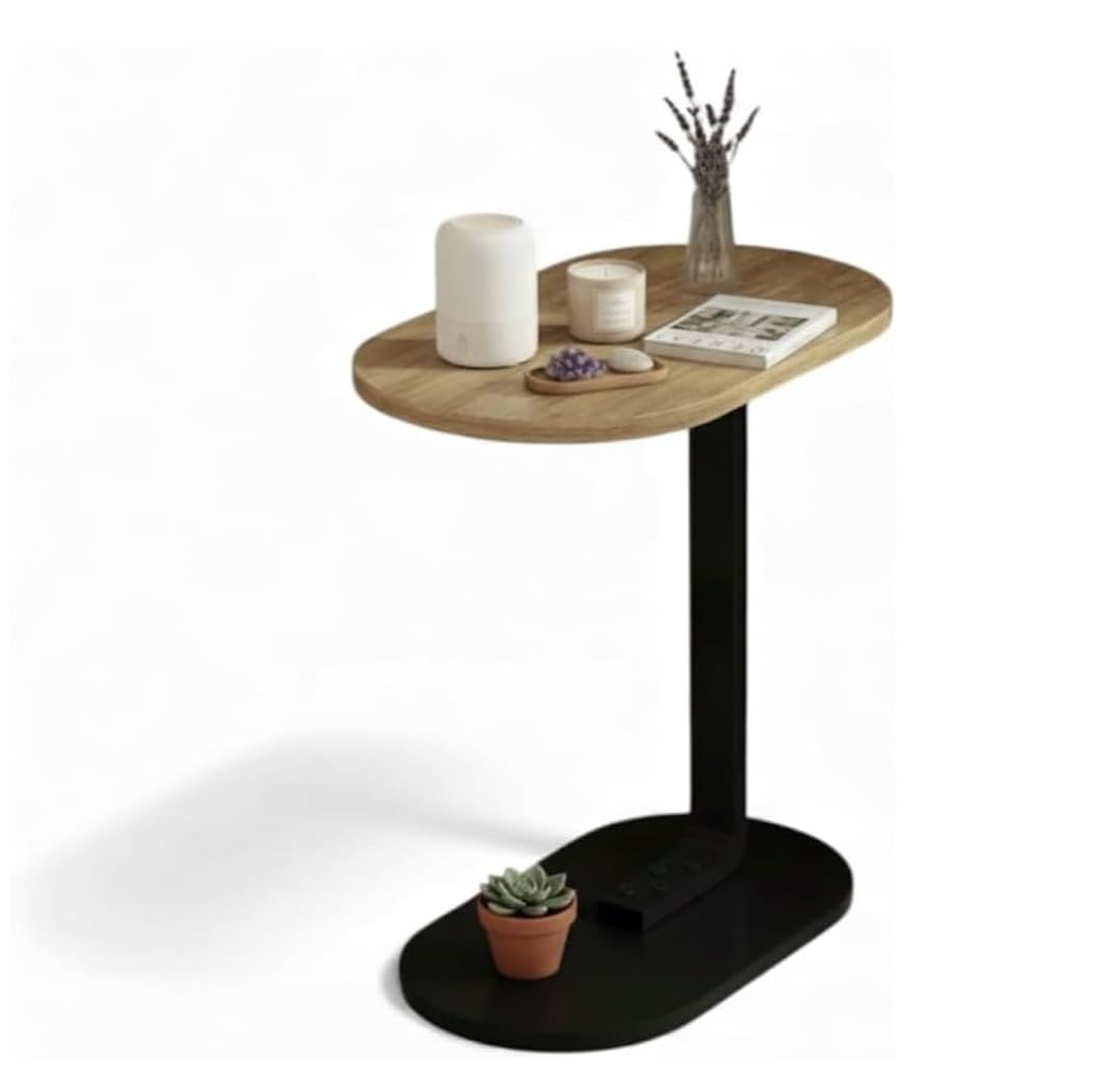 Generico bdit accessori Tavolino Laterale Moderno in Legno e Metallo, Salvaspazio 60 cm, Piano Ovale 44x28 cm, Base 40x23 cm, Comodino Minimal per Soggiorno e Camera da Letto (beige)