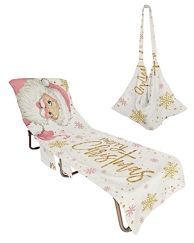 Blush Pink Santa Beach Chair Towel Covers for Chaise Lounge with Side Pocket, Soft Plush Pool Towels Cover for Patio Sunbathing Outdoor 29''x85'' Merry Christmas Gold Snowflake