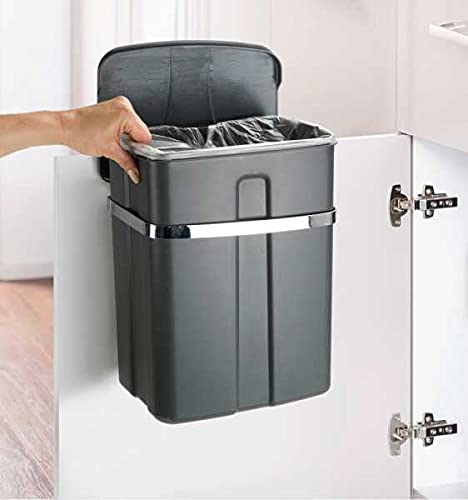 WENKO Tür-Abfalleimer, kompakter Mülleimer mit Deckel zum Einhängen an Küchenschrank oder -Schublade, geeignet für Badezimmer und Küche, aus Kunststoff/Stahl, Füllmenge 12 l, 26 x 34 x 17 cm, Grau