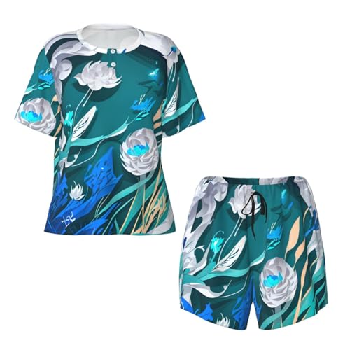 Pyjama à manches courtes imprimé libellule ensemble femme doux et fluide