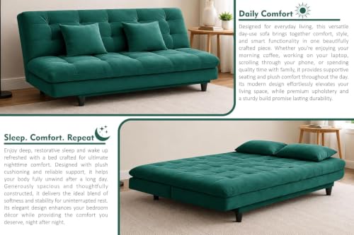 Image of Velvet Fabric Wooden 3-Seater Apsen Sofa Bed with Tufted Couch with Adjustable Backrest- Living Room Furniture-Green-Color