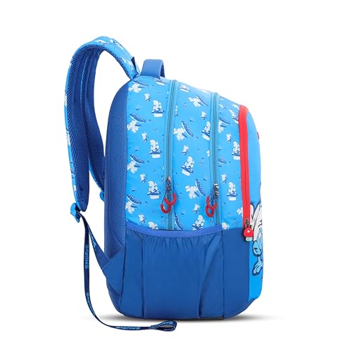 Image of American Tourister The Smurf Kids Backpack /100% Durable Polyester /3 Spacious Compartments with 35L /Adjustable Shoulder Straps /Lightweight School Bag for Boys & Girls /Cartoon Print Design- Blue & Red