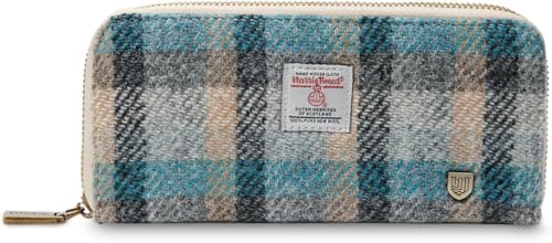 Image of Islander HarrisTweed & PU Leather women's long zip purse, Islander Tartan, Carry Cash & card, Scottish Style