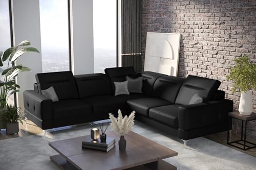 Friderik Sofá esquinero Malibu Max, 250 x 250 cm, con función de dormir, piel sintética Madryt, reposacabezas y reposabrazos ajustables (negro, derecho)