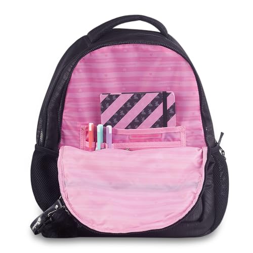 Mochila de Costas Rebecca Bonbon RB24527 Escolar Feminina 17” Preta em Crinkle Lurex com Bolso Antif