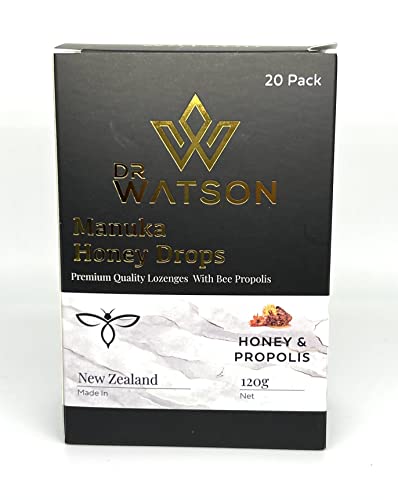 Dr Watson New Zealand Manuka Honey Drops, 100% Natural Flavours, Free From Major Allergens, Honey & Propolis Flavour Lozenges - 120g (20 Drops Per Box) Cover