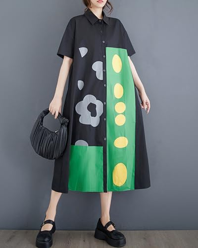 ellazhu Women's Dress Loose Color Block Short Sleeve Button Down Mock Neck Shirt Dots Flower GZ2113