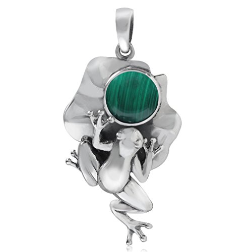 Silvershake Created Malachite 925 Sterling Silver Lotus Leaf and Frog Pendant