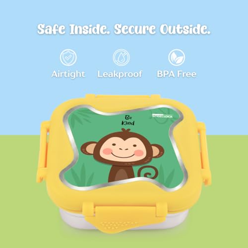 Image of STEELLOCK Smart Kids Stainless Steel Lunch Box, Leakproof & Airtight Tiffin Box for School Boys & Girls, BPA Free Food Grade with 4-Side Clip Lock | 360 ML | Yellow, 3D /UV Print Monkey