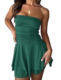 Meladyan Women’s Solid Strapless Tube Mini Dress Sleeveless Flowy Bustier Swing Dress Off Shoulder Ruched Beach Summer Dress Dark Green, Medium