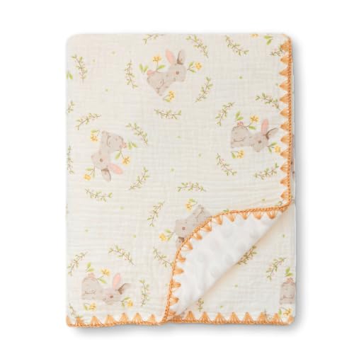 Image of Baby Blanket Cotton Muslin Thick Dotted Backing Double Layer Receiving Blanket 40 inchx40 inch (Rabbit)