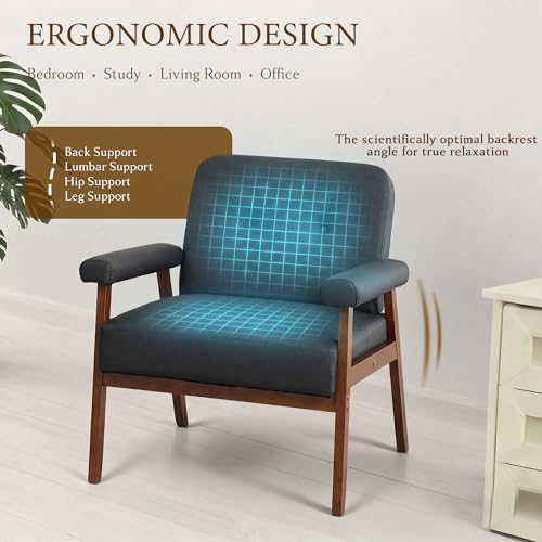 Image of STHOUYN Upholstered Accent Chair, Black Leather Chair with Wood Frame (1) | STHOUYN, Tufted Backrest, Reading, Mid-Century Modern, Comfy, Living Room, Waiting Room