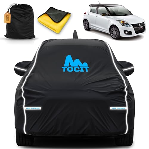 Image of Suzuki Swift Waterproof Long Life Cover with Safety Glow Reflective Strap, Premium Stretchable Velvet Velour Fabric, Machine Washable, Tri-Stitch Custom Fit with Mirror & Antenna Pocket