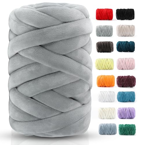 Chunky Yarn for Hand Knitting- Velvet Chenille Tube Yarns- Jumbo Yarns for Blankets, Pet Beds, Machine Washable (0.66 Lb/18.59 Yd), Easy No-Tool Arm Knitting & Crochet Project Yarn (Gray)