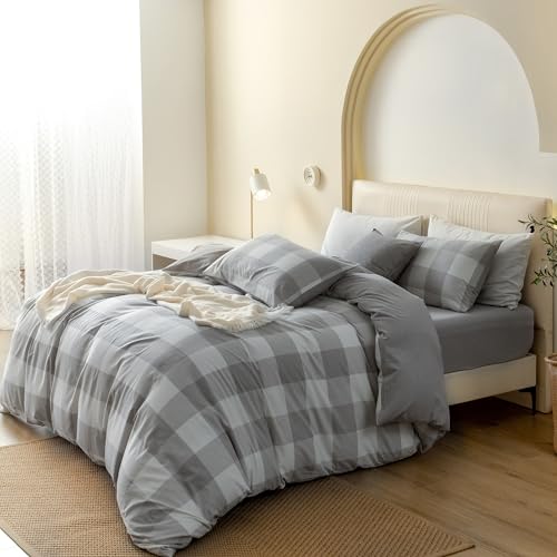 JIYUAN 100% Washed Cotton Duvet Cover Set 3 Pieces King, 1 Duvet Cover 104x90 Inches(Comforter Not Included) and 2 Pillowcases,Linen Feel Bedding Set Comfy and Breathable, Heathered Plaid Grey