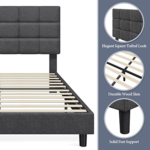 Yaheetech Upholstered Bed Frame, Platform Bed Frame With Adjustable Headboard, Mattress Foundation, Strong Wooden Slats Support, No Box Spring Needed, Dark Grey, Full #TOP3