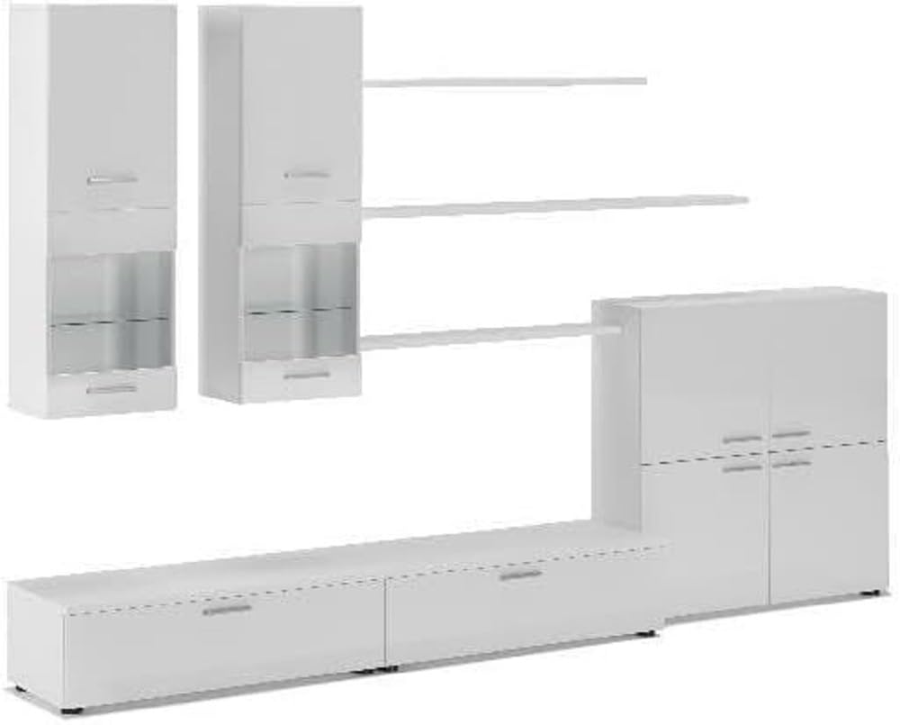 Skraut Home | Mueble para Salón | 189 x 300 x 42 cm | Sistema de Iluminación LED | Modelo Beta | Gran Capacidad de Almacenaje | Estilo Moderno | Acabado Blanco