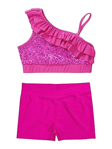JEATHA Kids Girls Dance Outfits 2-Piece Sequins Crop Top with Athletic Shorts Gymnastics Active Set Dancewear3