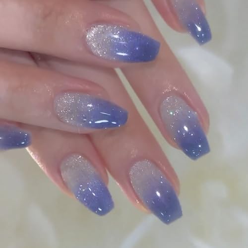 DOCVOEOMH Ombre Blue White Press on Nails Short Medium Coffin Acrylic Fake Nails with Glitter Design Glue on Glossy Full Cover Artificial Gel False Stick on Nail for Girls Women Wedding Manicure 24Pcs