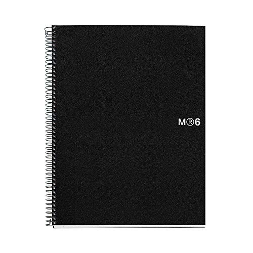 Image of Miquel Rius M Original 6 Subject Notebook, Lined A4-11.7 inch x 8.27 inch, 150 Sheets Heavyweight Paper, Subjects Separated by color, 4 Hole Punched, Micro-Perforated, Black Polypropylene Cover