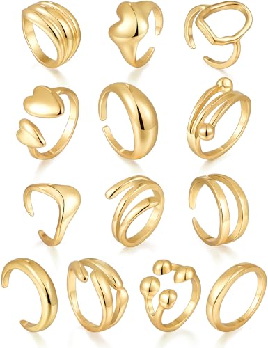 13 Pcs Chunky Gold Stackable Rings for Women, 18K Gold Plated Rings Set