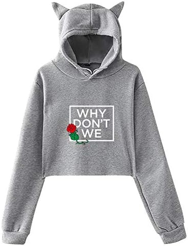 Women Leak Navel Hoodie Why_Band_Dont_We Pop Hoody Crop Top Cat Hooded Sweatshirt Blouse XL Gray