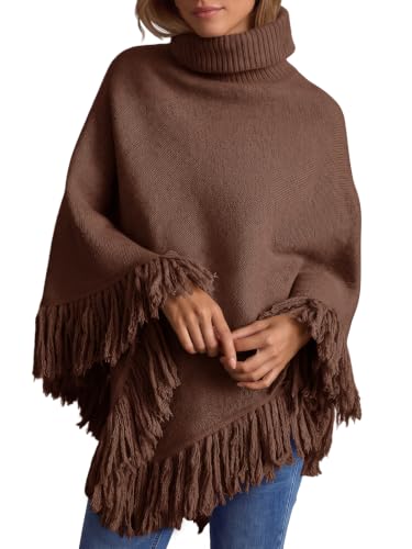 Saodimallsu Womens Fringe Turtleneck Poncho Sweater Wraps Cape Shawl Tops