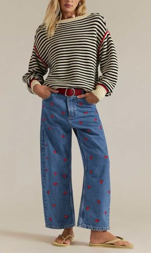 chouyatou Women's 2025 Crab Print Baggy Wide Leg Jeans Boyfriend Y2K Casual Floral Denim Ankle Pants2