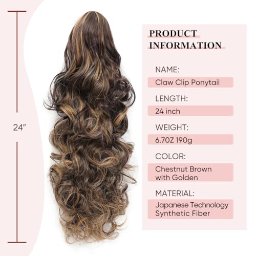 Image of 24 inch Ponytail Extension, Long Curly Wavy Claw Clip and Natural-Looking Synthetic Hairpiece, Voluminous Hair Extensions for Women Daily Wear. (Chestnut Brown with Golden, 24Inch)