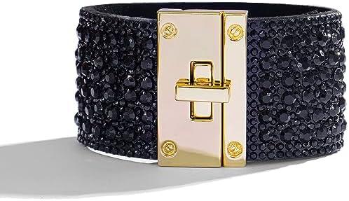 Long tiantian Bohemian Bangle Leather Bracelet for Women Wide Edge Bracelet Rhinestone Wide Bracelet for Teen Girls Leather Wrap Cuff Bracelet(black)