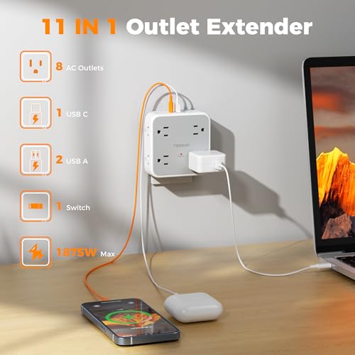 Multi Plug Outlet Extender, TESSAN 900J Surge Protector Plug Extension Block, 8 Outlet Splitter with 3 USB Ports (1 USB C), Electrical Socket for Home Office Dorm Room Essentials,  image 1