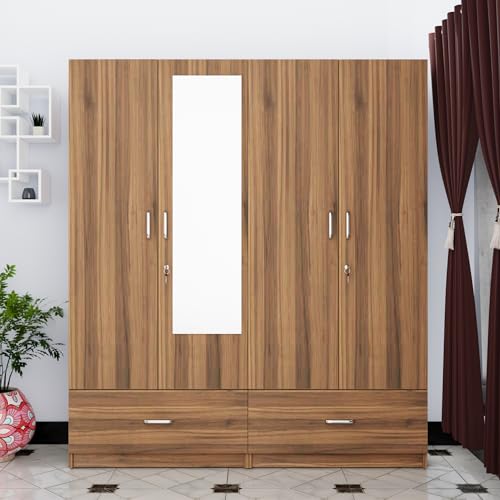 Image of VIKI Wardrobe |Wooden Almirah for 4 Door Wardrobe with 2 Split Drawer & Hanging Space with Mirror (Brussel Walnut - 40D x 160W x 180.8H) | 1 Year Warranty | Free Assembly