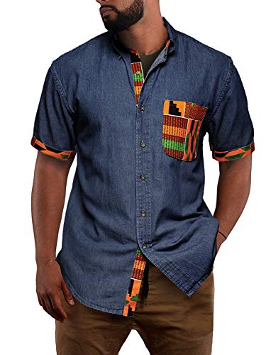 Enjoybuy Mens African Dashiki Short Sleeve Shirt Chambray Denim Tribal Buttoned Down Collar Casual Shirts, Navy, Large